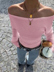 Camiseta ajustada de punto con hombros descubiertos en color rosa claro para mujer - Rosa Pálido - Ver 4