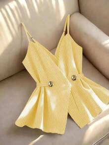 Camiseta sin tirantes casual de mujer con decoración de botones a rayas - Amarillo - Ver 8