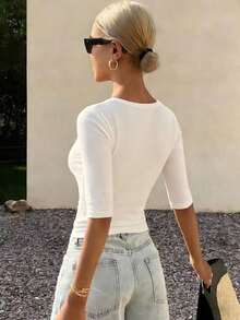 Camiseta de manga corta casual de mujer con cuello cuadrado y acanalado, ajustada - Blanco - Ver 2