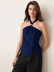 Top con cuello de halter, diseño de botón de metal verde, abertura lateral, elegante y chic para uso urbano y diario, estilo romántico retro de los 90.Adecuado para Navidad, Año Nuevo, San Valentín, fiestas, playa, graduación, moda, carnaval, bod - Azul marino - Ver 4