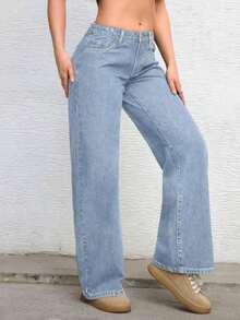 ICON Solid Color Wide Leg Pocket Jeans, Casual And Versatile - Light Wash 2 - View 9