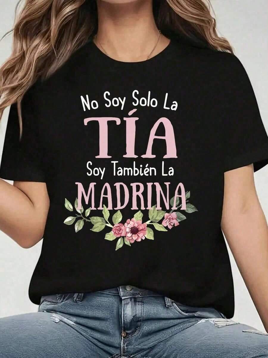 Solt 1pscNo soy solo una tía, también soy madrina.Camiseta de mamá, ropa para todas las estaciones, negro 100% 180G peso pesado, tallas S - Xxl100%cotton graphic - Negro - Ver 1