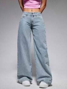 ICON Solid Color Wide Leg Pocket Jeans, Casual And Versatile - Light Wash 3 - View 2