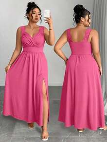 Elenzya Vestido línea A con cuello en V, contraste de encaje, tirantes finos y abertura para tallas grandes - Rosa Fucsia - Ver 4