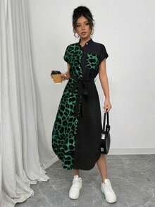 Vestido largo de manga corta para verano 2025, nuevo, con bolsillo, abertura lateral, cinturón y lazo, estampado de leopardo, para uso casual y de viaje - Verde - Ver 5