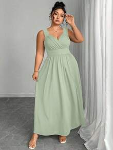 Elenzya Vestido línea A con cuello en V, contraste de encaje, tirantes finos y abertura para tallas grandes - verde menta - Ver 7