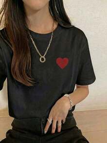 Camiseta de mujer de cuello redondo, top casual de manga corta con estampado de corazón, verano - Negro 2 - Ver 6