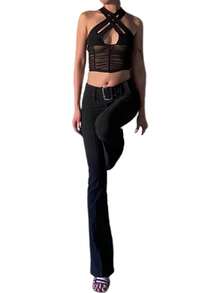 Women Sexy Hollow Out Vest, Solid Color/ Plaid Printed Pattern Halter Neck Crop Tops - Black - View 2