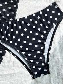 Swim Mod Conjunto de bikini de 3 piezas con estampado de lunares, escote halter y espalda con lazo, para vacaciones en la playa, atuendo de primavera, carnaval 2026, elegante, casual, traje de baño con falda - Blanco y Negro - Ver 6