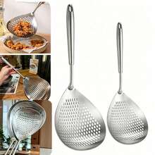 2 piezas/1 pieza Cuchara ranurada y escurridor de acero inoxidable 304 antescaldaduras para freír, para fideos, dim sum, papas fritas, pollo frito, pasta, ideal para Navidad, uso diario, festivales, cocina, restaurante, olla caliente - Multicolor - Ver 13