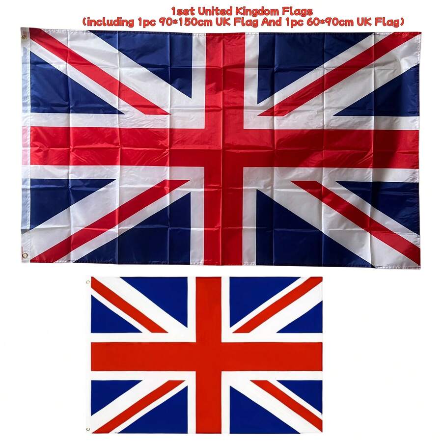 一套英国国旗（包含一面90*150厘米英国国旗和一面60*90厘米英国国旗），涤纶材质，色彩鲜艳，非常适合足球派对、花园、室内/室外装饰、节日庆典等场合。
