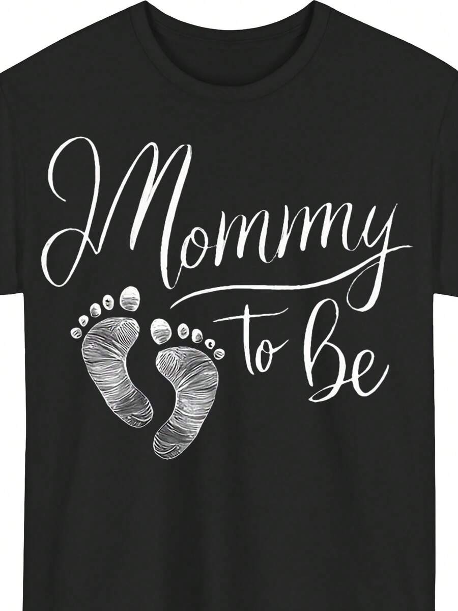 Camiseta de Anuncio de Embarazo para Mujeres Embarazadas - Camiseta de Manga Corta con Cuello Redondo para Mujer con Diseño de "Futura Mamá" y Huella - Adecuada para Uso Casual en Primavera, Otoño y Verano. - Negro - Ver 1