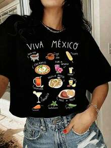 Mujer Camiseta de manga corta con estampado térmico de elementos de comida dibujados a mano, diseño de iconos de comida coloridos, estilo divertido casual - Negro - Ver 1