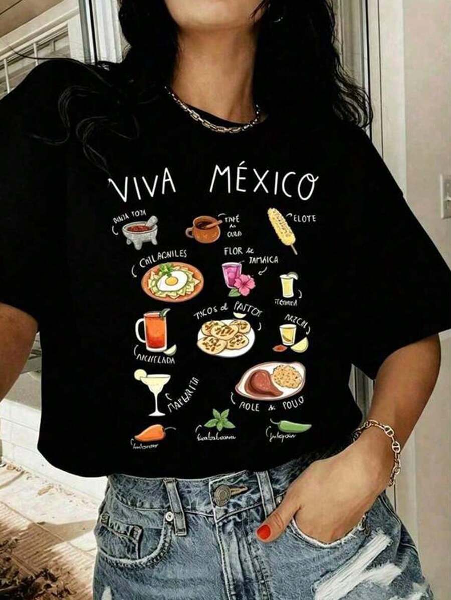 Mujer Camiseta de manga corta con estampado térmico de elementos de comida dibujados a mano, diseño de iconos de comida coloridos, estilo divertido casual - Negro - Ver 1
