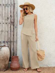 2 piezas Conjunto casual de uso diario con top y pantalones con diseño de abertura de jacquard para mujer - Caqui - Ver 6