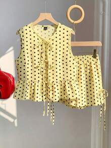 Set de 2 piezas de ropa de mujer con top tipo camiseta con cordones y shorts a cuadros, ideal para el Día de San Valentín - amarillo ganso - Ver 3