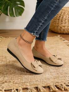Bow Decor Suede Flats For Women, Casual Slip-On Loafers, Lightweight & Non-Slip, Suitable For Daily Occasions, Ideal Birthday & Holiday Gift - Khaki - View 6