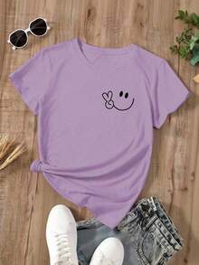 Women's Oversized Red Summer T-Shirt With  Face And Peace Sign Print. Casual Red Short-Sleeved T-Shirt With  Face, Ideal For Cool Summer Looks. - YH463-紫色 - 查看 2
