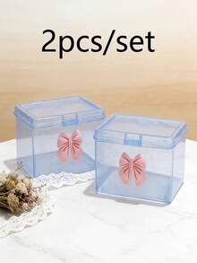 2个可爱蝴蝶结透明塑料收纳盒，闪亮桌面整理盒，防尘化妆品首饰文具小物件收纳盒，粉色/蓝色 - 彩色 - 查看 9