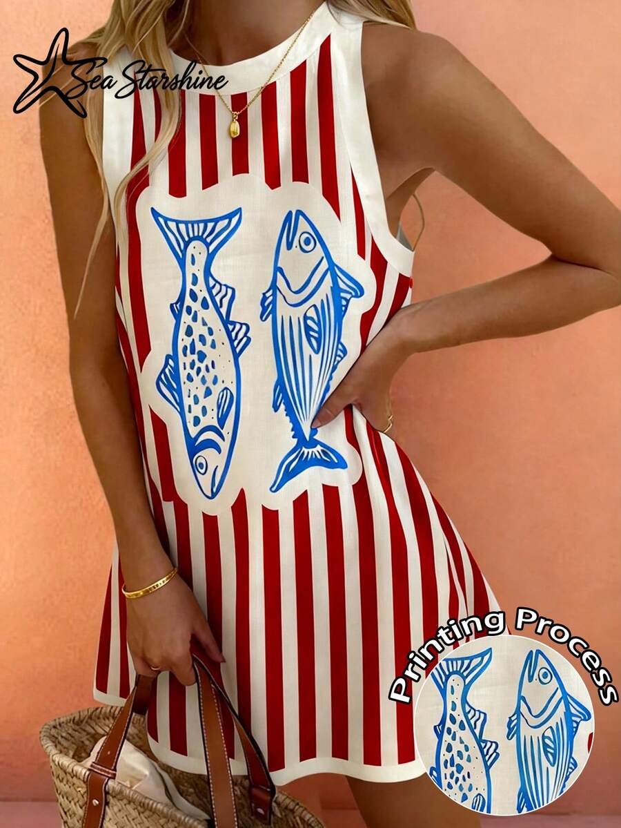 Vestido elegante sin mangas de mujer con estampado de peces, bloques de color y rayas, de estilo bohemio, brillante, para vacaciones en la playa de verano, cómodo, color rojo - Rojo - Ver 1