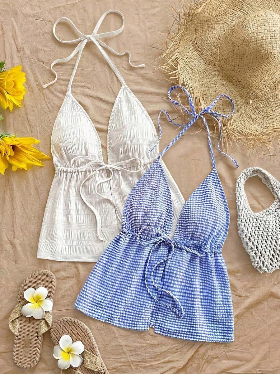2 piezas Camiseta sin espalda con escote en V y tirantes con estampado de leopardo sexy, adecuada para vacaciones, citas, té de la tarde, vacaciones, festivales de música, estilo bohemio - Azul y blanco - Ver 1
