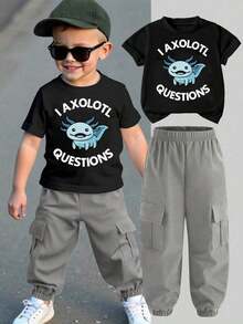 Conjunto de Camiseta de Manga Corta con Cuello Redondo y Pantalones Cargo con Estampado de Dibujos Animados para Niño - Blanco - Ver 9