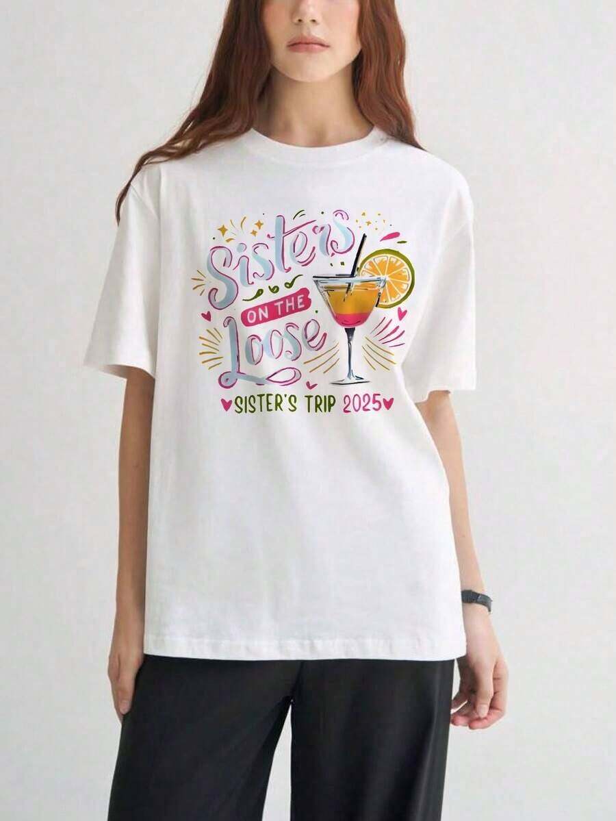 Women's Short-Sleeved T-Shirts With Interesting Prints, Beautiful Clothing. Loose-Fitting T-Shirt With A White Cocktail Print And Orange Slice, A Great Design For Sisters To Wear On Trips, For Women, For Travel, Parties, Outings, And Casual Wear. - 白色 - 查看 1