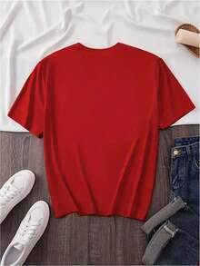 Camiseta Vintage Holgada de Talla Grande con Estampado Plano de Ocho Corazones de Perlas Negras con Efecto 3D, Estilo Casual para Vacaciones. - Rojo - Ver 3