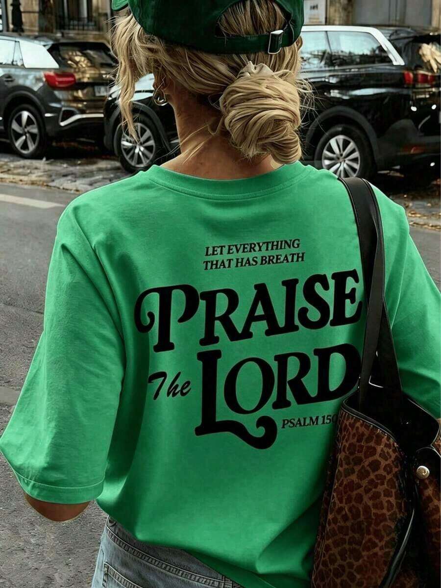 [Free Shipping] Women's Short Sleeve T-Shirt, Casual Summer Style, Simple Letter Print, Round Neck, Multifunctional, Camel Color, Ideal For Everyday Wear And Vacations. Casual Graphic T-Shirts For Women - 綠色 - 查看 1