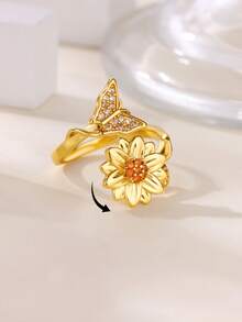 1pc Sweet Butterfly & Sunflower Rotating Ring, 18K Gold Plated Open Band, Interesting Design Jewelry, Daily Wear & Gift - Multicolor - View 3