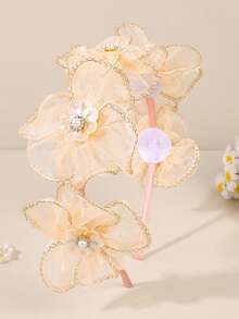 1pc Beige Girls' Mesh Headband With Shiny Floral Pearl Decor, Elegant Hair Accessory For Daily, Party, Gift, Holiday, Wedding, Suitable For Teenagers - Beige - View 2