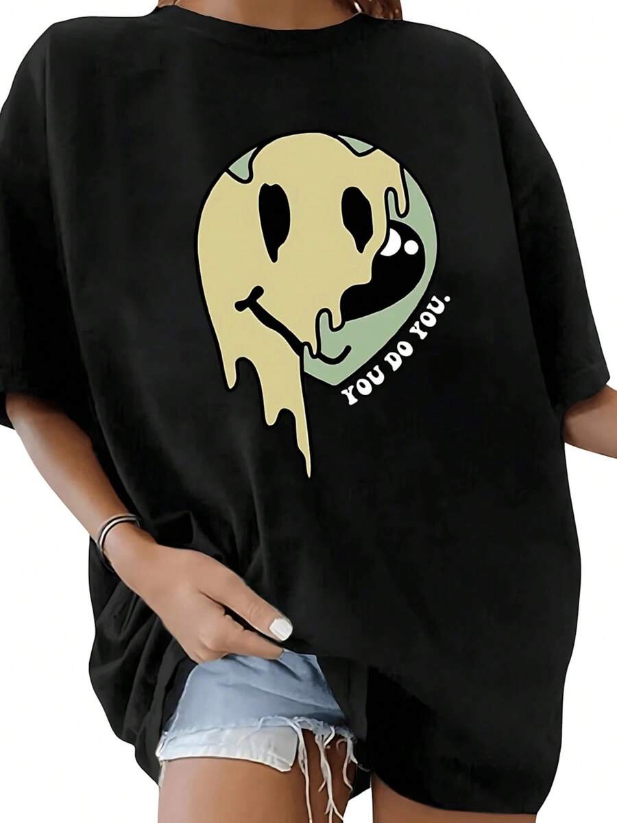 Women's 100% Cotton T-Shirt With A Modern Graphic Print, Round Neck, Loose Casual Style, Ideal For Summer, Soft, Cool And Easy To Combine With Jeans Or Shorts - 黑色 - 查看 1