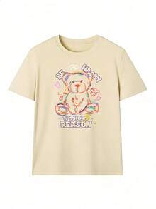 Camiseta con Oso de Peluche Estilo Grafiti y Texto "Be Happy",Camiseta de manga corta de moda para primavera y verano de 2026, hecha en México, 180 gramos. Estampado de dibujos animados, modelo de pareja, apta para uso interior o exterior. Cuello redondo, unisex, ideal para oficina y ocio. Paquete de una pieza. - APR-P631577SLNDXZGY498 - Ver 2