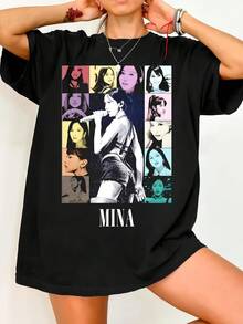 Twic.E Mina Inspired Photo T-Shirt. Vintage Graphic Print, Casual Black Cotton Short-Sleeved T-Shirt. - Black - View 1