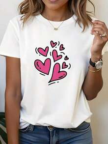 Camiseta de Cuello Redondo para Mujer con Estampado de Corazón Pintado a Mano para el Día de San Valentín, Estilo Vintage, Regalo Casual para Compras o Fiestas, Perfecta para Reuniones de Amigos. - Blanco - Ver 1