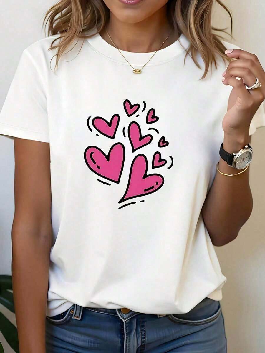 Camiseta de Cuello Redondo para Mujer con Estampado de Corazón Pintado a Mano para el Día de San Valentín, Estilo Vintage, Regalo Casual para Compras o Fiestas, Perfecta para Reuniones de Amigos. - Blanco - Ver 1