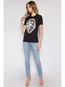 Lion Print T-Shirt: Women's Animal Print T-Shirt In Tri-Blend Fabric - 100% Pure Cotton, Comfortable Colors. Short Sleeve Design With A Round Neck, New Women's Slim-Fit T-Shirt, Spring/Summer Style, Couple Style, Perfect For Matching Outfits. - 黑色 - 查看 4