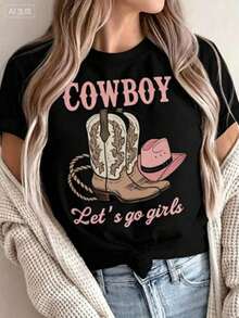 [Nacional Envio] Playera de Mujer 100% Algodón con Estampado Vaquero, "Let's Go Girls", Manga Corta Transpirable, Estilo Casual Urbano, Ideal para Primavera, Verano y Otoño playeras de mujer - Estilo - Ver 8