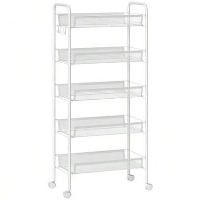 Kitchen Trolley With 5 Metal Baskets, 4 Hooks, 4 Wheels, 2 Handles, Steel/Plastic, 45 X 26.5 X 106 Cm, White