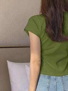 Camiseta básica de mujer de cuello redondo de unicolor de manga corta, blanca, para primavera/verano, de estilo casual de oficina - Verde - Ver 2