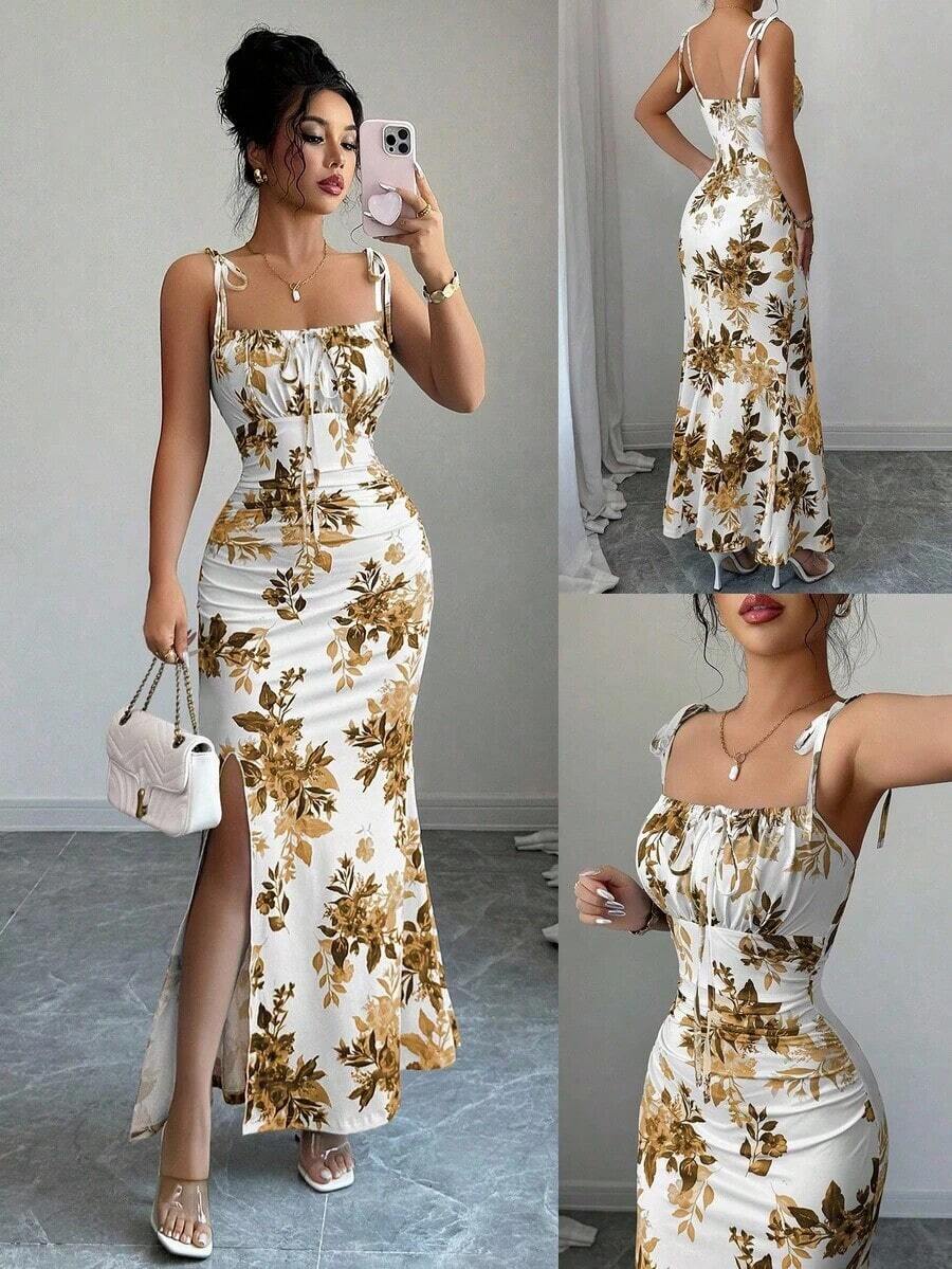 Nuevo vestido de mujer con tirantes de espagueti, lazo en la cintura, diseño de dobladillo fruncido y abertura, versátil para citas, fiestas y uso diario, favorecedora y elegante - Marrón - Ver 1