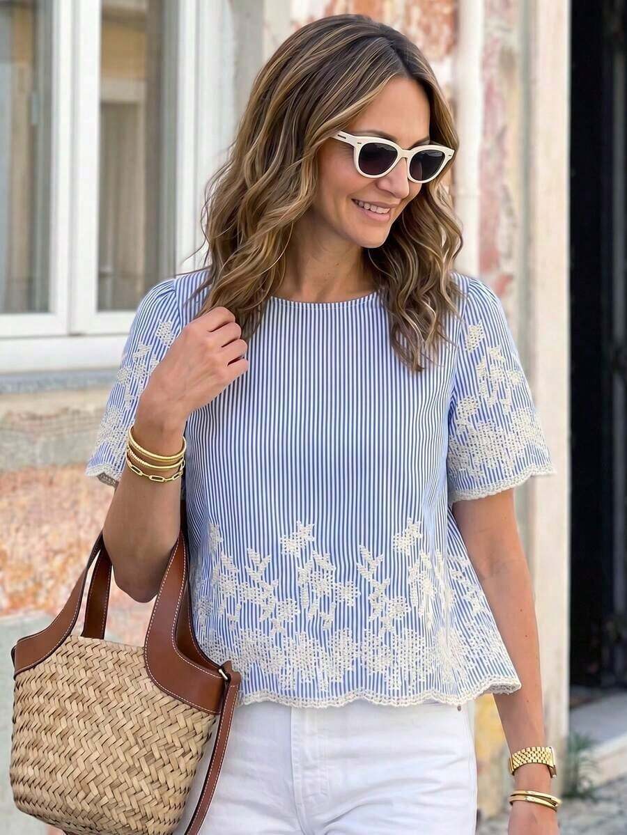Blusa Corta Bordada Casual para Mujer, Camisas Campestres de Primavera/Verano para Mujer, Ropa de Verano para Vacaciones Campestres - Azul 2 - Ver 1