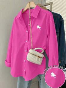 Camisa casual de manga larga, de corte holgado y de un solo abotonado con estampado de caballero para mujer - Rosa Fucsia - Ver 1