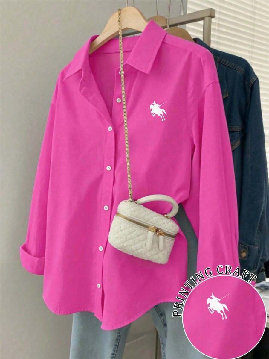 Camisa casual de manga larga, de corte holgado y de un solo abotonado con estampado de caballero para mujer - Rosa Fucsia - Ver 1