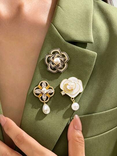 Pearl & Crystal Flower Brooch Set, Gold Tone Elegant Camellia & Floral Lapel Pins For Women