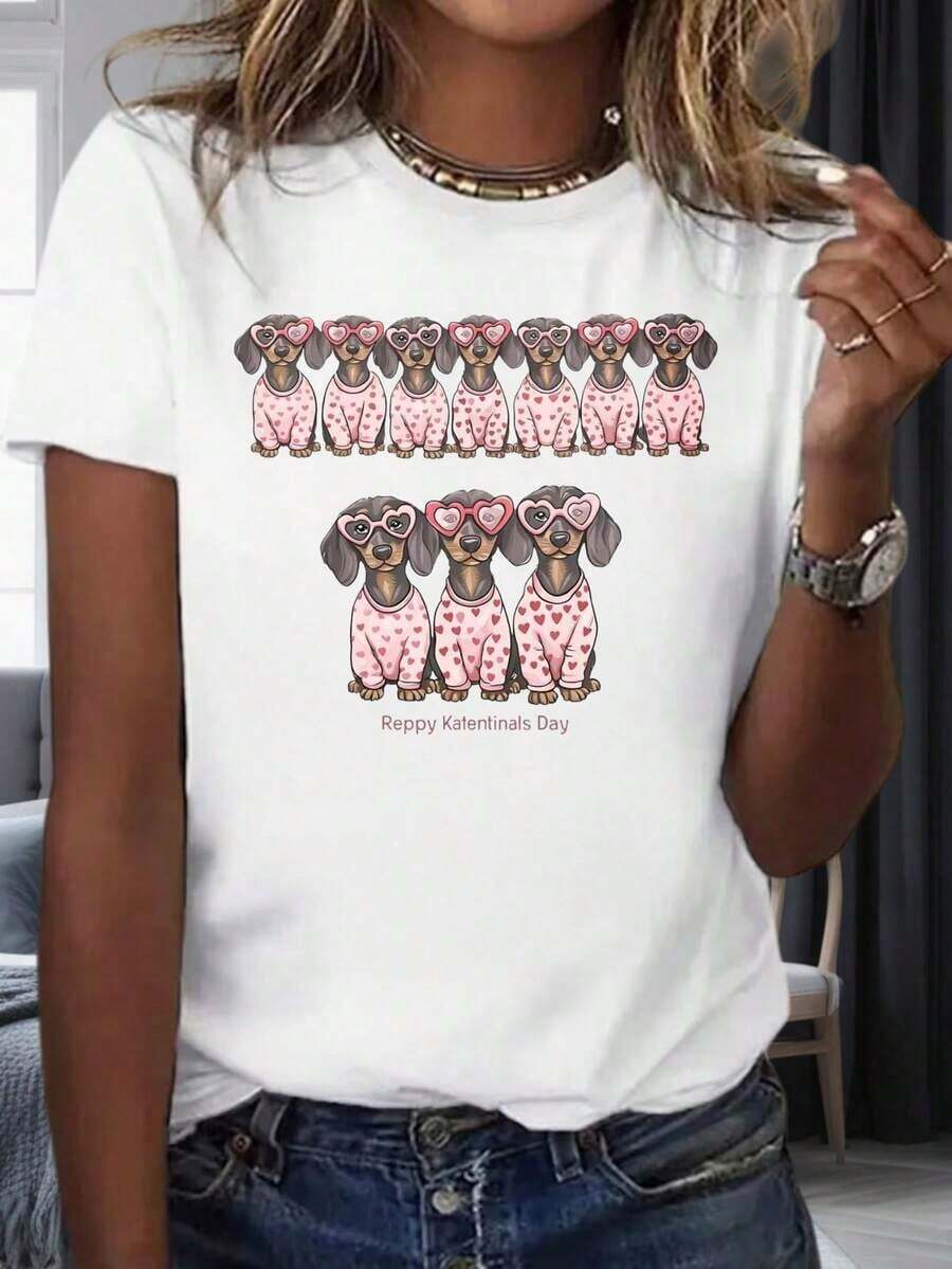 Women's Valentine's Day Dachshund Dog T-Shirt, Adorable Puppy Design With Heart And Glasses, Pink Pajamas, Valentine's Day Gift, Warm Clothing For Women - 白色 - 查看 1