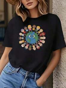Camiseta Para Mujer Del Día De La Tierra, Paz Mundial, Salvar El Planeta, Medio Ambiente 1 Pcs Women's T-Shirt Funny d Graphic Short Sleeve Tee Novelty Shirt Casual Crew Neck Top 220gblusas para mujer,blusas casuales para dama,tops,, mujer premium,y2k,playeras de mujer curvy,ofertas y liquidaciones ropa mujer,playeras deportivas para mujer,,playeras de hombre, mujer,blusas>elegante 8LBY Blusas Bonito 100% Cotton - Negro - Ver 1