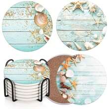 6 Pcs Abstract Floral Line Art Coasters With Holder, Minimalist Boho Absorbent Ceramic Drink Coasters For Home Decor - Beach 2 - View 13