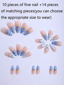 24 autocollants pour nail art rayures bleu et blanc d'été, style français, art des ongles peint à la main 3D fruits de myrtille, fleurs 3D à pois frais, série pastorale bleu et blanc, convient pour les fêtes de filles et le travail quotidien. Livré avec des outils et des ongles - Multicolore - Voir 3