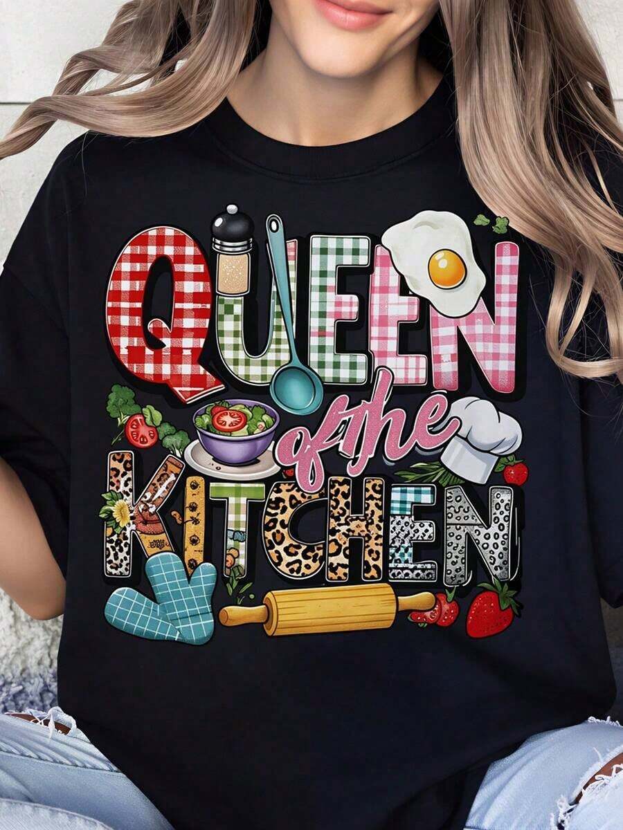 Camiseta de Chef "Reina de la Cocina" para Mujer, Regalo para Amantes de la Cocina, Ropa para Cumpleaños y Fiestas, Camiseta con Lindo Estampado de Comida - Negro - Ver 1